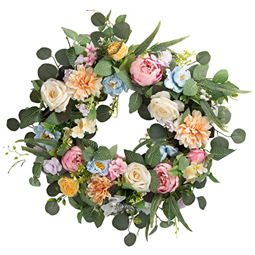 Spring Wreath For Front Door 24 Inch Eucalyptus Wreath, Summer Floral Hydrangea Peony Wreath, Eucalyptus Wreath With Flowers, Farmhouse Wreaths For Outside Window Home Decor #TOP3