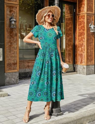 Image of Zeagoo Summer Dresses for Women 2026 Maxi Bohemian Floral Short Sleeve Long Dress Casual Flowy Tired Beach Sundress