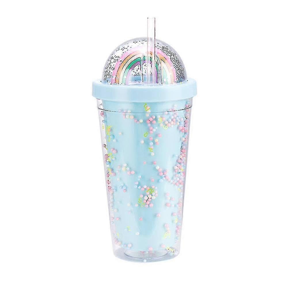 JOYHAPPST 550ml Rainbow Plastic Water Bottle Double Layer Sequins Drinking Cup With Straw Women Girl Gift