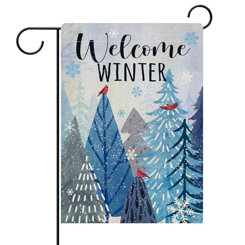 Dyrenson Hello Winter Blue Pine Tree Decorative Garden Flag, Cardinal Red Birds Snowflake Yard Outside Home Decorations, Christmas Seasonal Burlap Outdoor Small Decor Double Sided 12 x 18