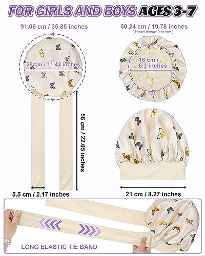 Satin Bonnet for Kids Silk Bonnets for Sleeping Curly Hair Bonnet with Elastic Tie Band Double Layer Sleep Cap for Girls Boys 3-7 Years (Beige + Butterfly)3