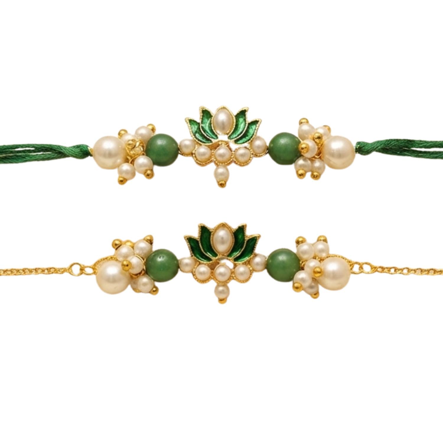 Designer Lotus Theme Bhaiya Bhabhi Rakhi Set Featuring Pearl Beads and Traditional Thread-image-24