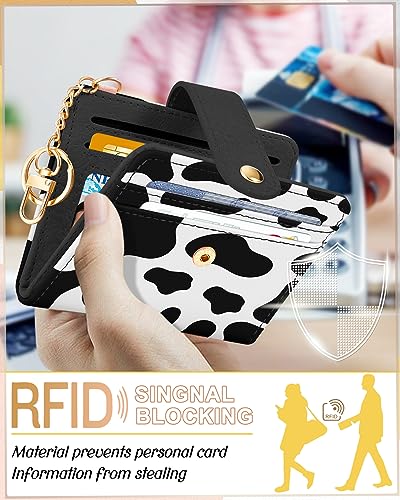 Image of Bistup Small Card Wallet for Women with Keychain, Cow | Clear ID Window, Compact Design for Daily Carry, Durable Material, Sturdy Keychain, Aesthetic