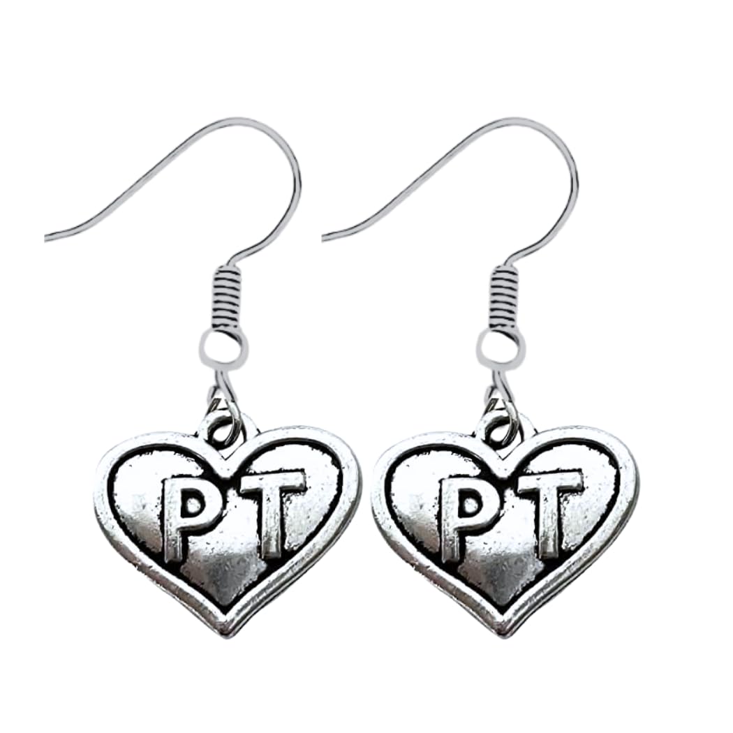 PT Heart Earrings – Physical Therapist Appreciation Dangle Earrings – Silver Tone Lightweight Gift for Women in Physical Therapy Profession