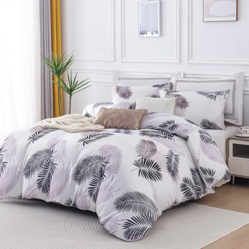 Soifox King Size Duvet Cover Sets Printed Bedding Set with 2 Pillowcases, Ultrasoft Microfiber Non Iron White Reversible Kingsize Bed Quilt Cover Set with Zipper, 3Pcs, 230x220 cm