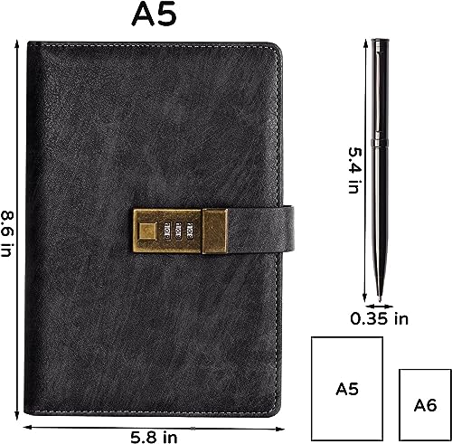 Image of Diary with Lock A5 PU Leather 240 Pages, Vintage Lock Journal with Pen & Gift Box, Lockable Diary for Women and Men, 8.6 x 5.8 Inches (Black)