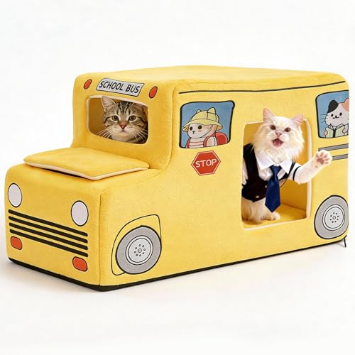 School Bus Cat Bed for Kittens & Small Dogs - Washable & Cozy