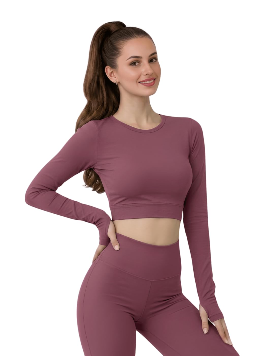 Women's Long Sleeve Crop Top, Thumb Hole Round Neck, Fitted Activewear for Yoga and Gym-image-6