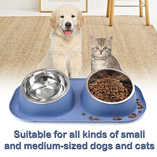 Ptlom Dog Cat Basic Food And Water Bowl Set, 2 Removable Stainless Steel Feeding Bowls With Non-Slip Leak-Proof Plastic Stand Suitable For Small And Medium Pet Puppy Feeder Tableware Supplies, Blue #TOP2