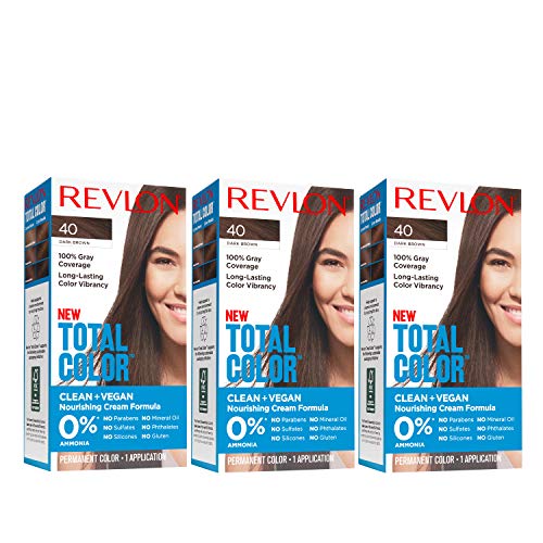 REVLON Total Color Permanent Hair Color, Clean and Vegan, 100% Gray Coverage Hair Dye, 40 Dark Brown, 10.2 oz (Pack of 3)