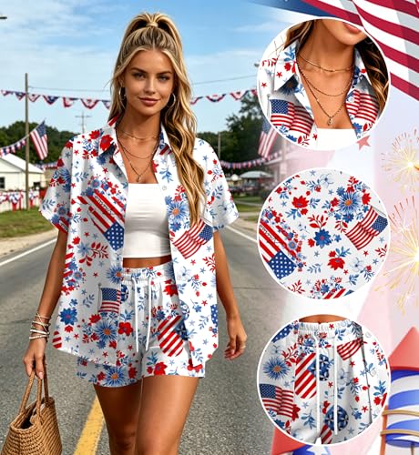 Image of Women 4th of July Outfit 2 Piece Set Short Sleeve Button Down Shirt and Shorts American Flag USA 250th Anniversary