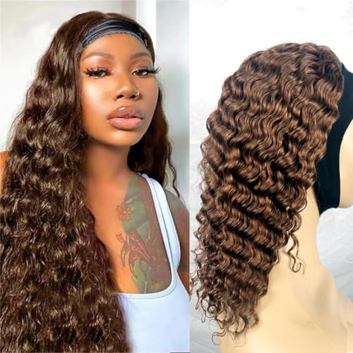 Image of XSY Headband Wig Human Hair Chocolate Brown #4 Deep Wave Headband Wigs for Black Women Wear and Go Brazilian Virgin Glueless Curly Human Hair Wigs 150% Density 16 Inch