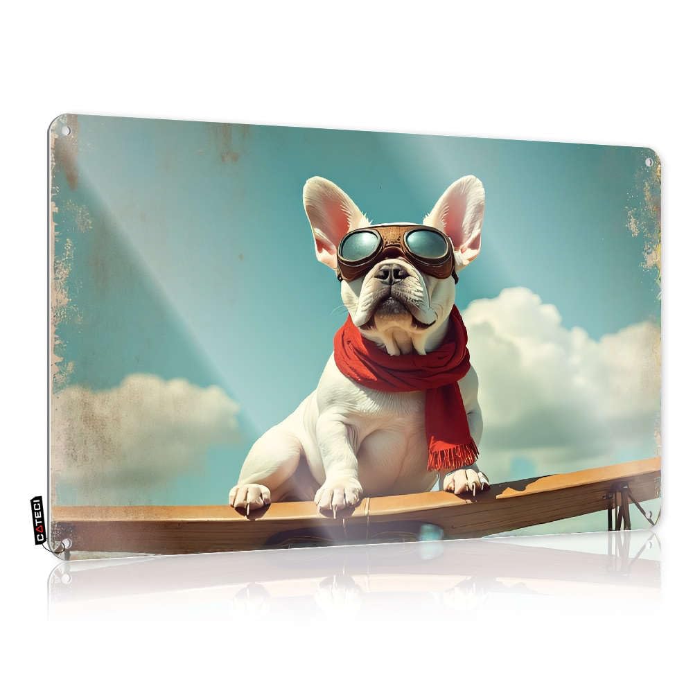 Funny Sign Novelty Door Home Decor - A Bulldog Wearing Goggles And A Red Scarf Sits On A Wooden Surface Gift For Gardener Rustic Style Artwork For Patio(20X30CM)