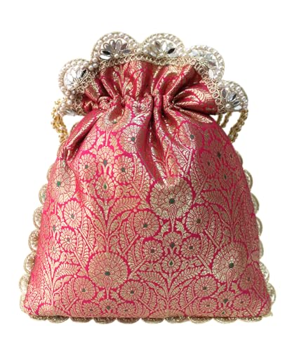 Image of MILAN'S CREATION Pure Banarasi Potli Silk Brocade Bag Purse Drawstring Women's handbag with Pearl Handle & Tassel Weddings
