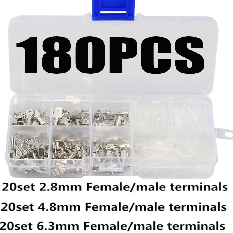 Kit assortimento di 180 connettori maschio e femmina isolati da 2,8/4,8/6,3 mm per cavi elettrici, terminali a crimpare, connettori a pala.