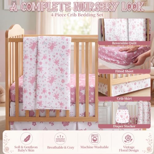 Image of Hahafelt 4 Pieces Crib Bedding Set for Girls and Boys, Soft Baby Bedding Set Including Crib Skirt, Comforter, Sheet and Diaper Stacker for Nursery(Antique Rose)