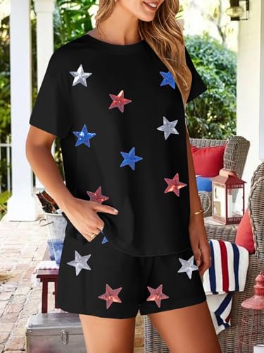 Image of VILOVE 4th of July 2 Piece Sequin Outfits Women 250 Anniversary Usa Shirts and Short Sets Casual Patriotic Shirt Summer Set
