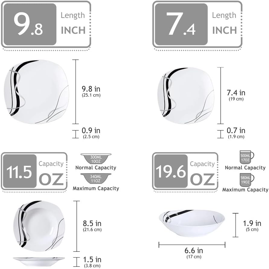 18 Pieces of Ceramic Black Line Kitchen Tableware Plate Set with Dinner Dessert Soup