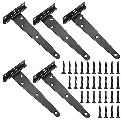 5 Piezas Bisagra en Forma de T, Bisagras Puertas Madera con Tornillos para Puerta de Granero, Mueble, Cobertizo, Ventana, Jardín - Negra