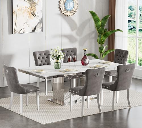 Image of Modern Extendable Dining Table Set for 6, Faux Marble Expandable Table with 6 Grey Velvet Chairs & Silver Mirrored Pedestal Base, 63 inch to 94 inch 3-Position Expansion, 7 Piece Luxury Dining Room Table Set