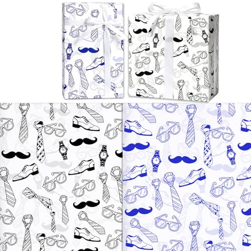 Xenray Fathers Day Wrapping Tissue Paper 20sheets Black and Blue Tissue Paper for Men Gift Wrap Fathers Day Party Patterned Paper