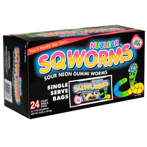 Nuclear Sqworms Sour Neon Gummi Worms, Gummy Candy Snacks, Bulk Pack, 2 oz Individual Single Serve Bags (Pack of 24)