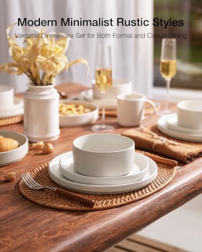 Image of Famiware Star Dinnerware Sets, Plates and Bowls Set for 4, 12 Pieces Ribbed Dishes - Chip and Scratch Resistant, Microwave and Dishwasher Safe Tableware, Matte White