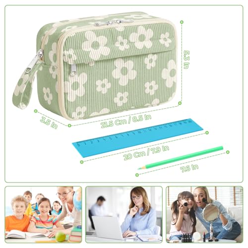 Image of WOBAGMEN Cute Pencil Case,Large Corduroy Zippered Pencil Case Pouch, aesthetic Pencil Bag with Compartments, Pencil Pouch School Supplies (Cute Green Floral)