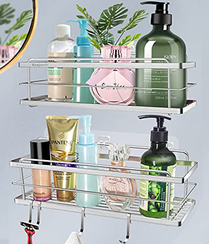 Ronjnndc 2 pack Shower Caddy Shower Organizer Shelf with Hooks,Shower Rack Wall Mounted Adhesive Hanging,No Drilling ,Rustproof Shower Storage Holder for Bathroom Shower Kitchenï¼ŒBearing 20 pounds