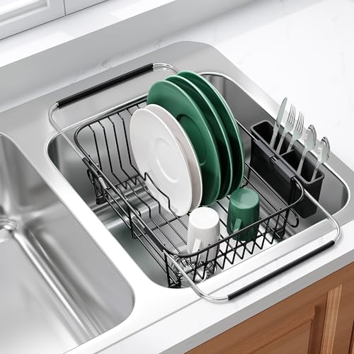 Image of JASIWAY Black Dish Drying Rack in Sink with Utensil Holder, RV, Apartment