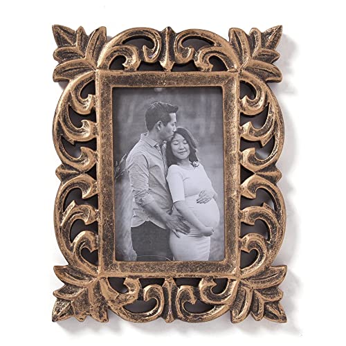 Image of Wooden Hand Carved Rectangular Photo Frame for Wall Mounted and Tabletops Display -5x7 Inche Picture Frame - Wood Carving Decorative Home Decor Accessories Distressed Finish (Antique Golden)