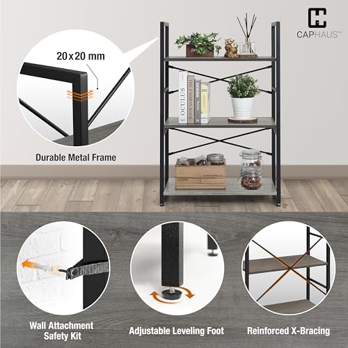 Image of CAPHAUS 3 Tier Small Bookshelf, 24 Inch Width Free Standing Shelf, Bookcase Shelf Storage Organizer, Industrial Book Shelves for Home Office, Living Room, Dark Grey Shelves & Metal Frame
