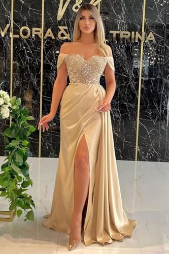 Off Shoulder Prom Dresses Long Mermaid Ball Gown 2024 Satin Beaded Slit Bridesmaid Formal Evening Dress for Women3