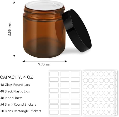 Miniatura 5 de Tecohouse Tarro de vidrio pequeño de 4 onzas con tapas, paquete de 48 tarros de vidrio ámbar con tapas y calcomanías, recipientes cosméticos vacíos