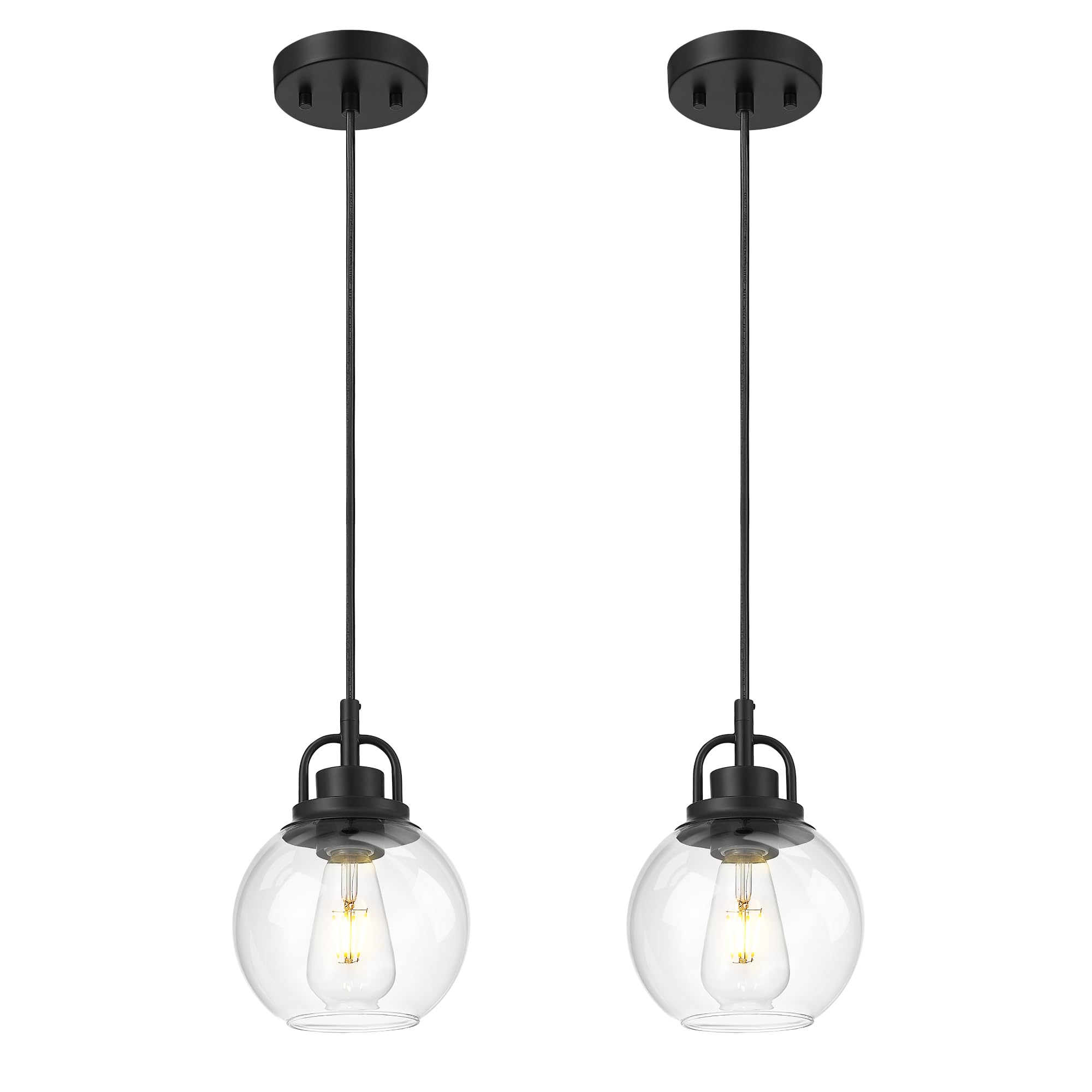 2 Pack Pendant Lights Kitchen Island, 7" Matte Black Pendant Light Fixtures Over Island with Globe Clear Glass Shade, Farmhouse Hanging Lights for Dining Room Entryway, PL125-MB-2PK