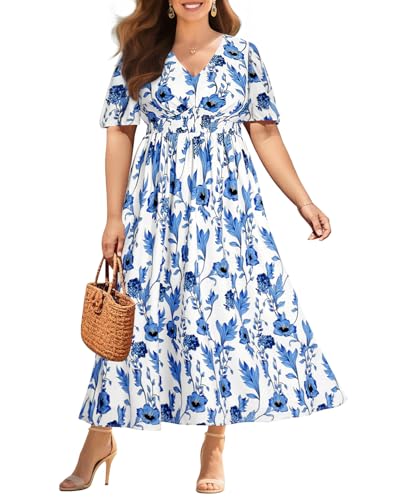 Image of Pinup Fashion Plus Size Wedding Guest Chiffon Semi Formal Maxi Dress | Chiffon, V-neckline, short sleeves, shirred waist, textured floral pattern, maxi length, versatile for all seasons