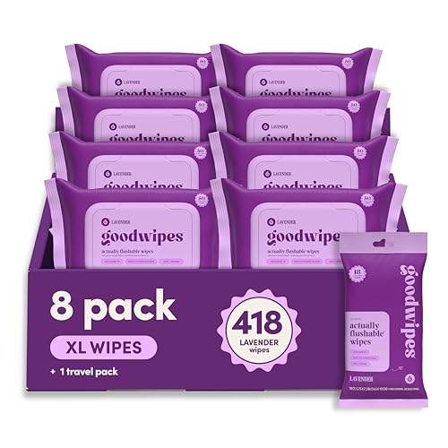 goodwipes Flushable Wipes Bulk Pack Lavender Adult Wet Wipes for Women & Men Sewer & Septic Safe Toilet & Bathroom Essentials Extra Large 418 Count (8 Packs and 1 Travel Pack)