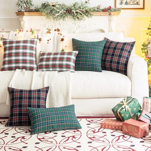 Image of AQOTHES Christmas Plaid Decorative Throw Pillow Covers Green Blue 18x18
