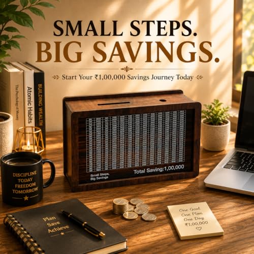 Image of PulGos Wooden Money Saving Box with Marker | 1,00,000 Goal Piggy Bank