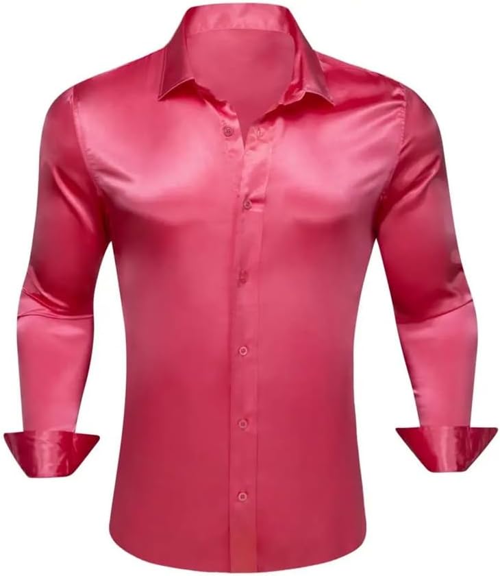Mens Shirts Silk Mercerized Solid Satin Rose Red Long Sleeve Casual Business Slim Fit Male Blouses Tops