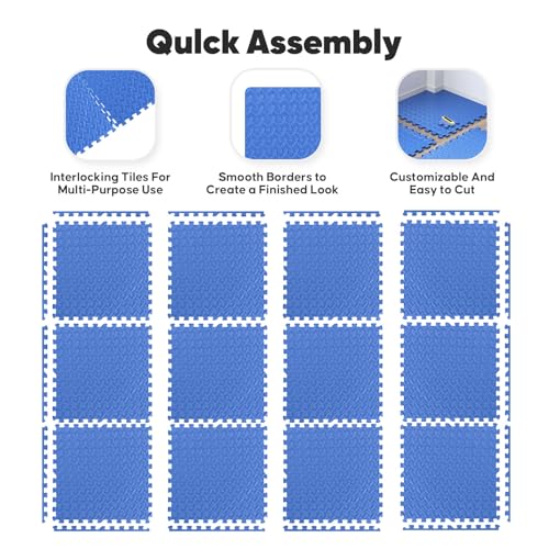 Image of 32 Pack Home Gym Mat, Puzzle Exercise Mat,EVA Interlocking Foam Floor Tiles for Home Workout Equipment and Kids' Play Areas - Blue, 24 in x 24 in x in - 32 Tiles (Blue, 32 Pack 128 sq ft)