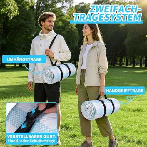 sapsisel wasserdichte Picknickdecke für 6-8 Erwachsene, Extra große Stranddecke, Picknickmatte für Camping, Strand, Wiese und Park, Blau kariert 200 x 200 cm
