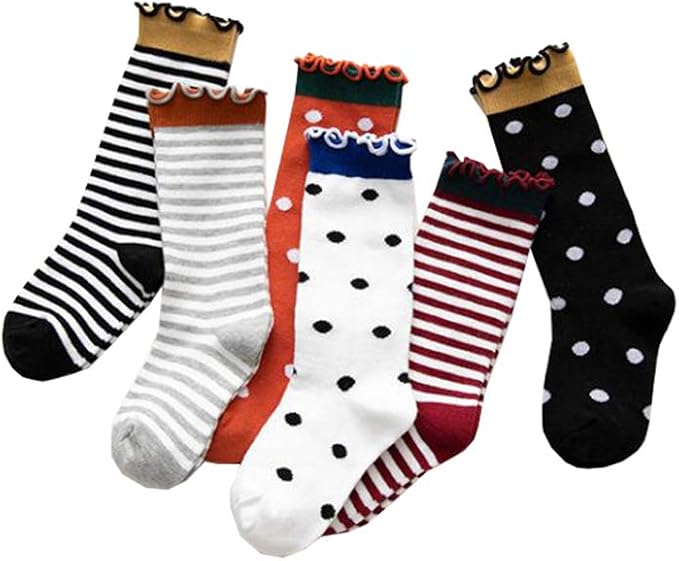Amazon Ainial 靴下 子供 女の子 秋冬 クルー丈 ソックス キッズ ガールズ 可愛い フリル ボーダー柄 ドット柄 ルーズソックス クルーソックス コットン 柔らかい 快適 1 12歳 6足セット 靴下 通販