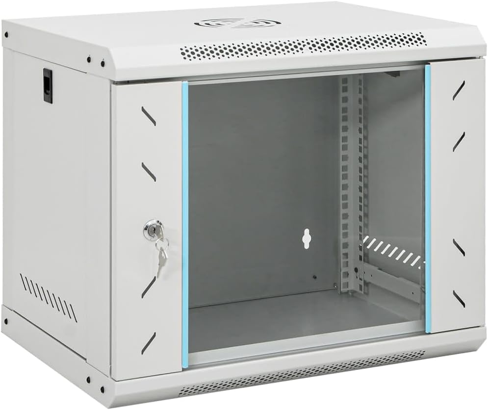 vidaXL 9U Wall Mounted Network Cabinet, Server Rack for Home Office Server Room, Data Cabinet with Glass Door, Computer Equipment, 19" IP20