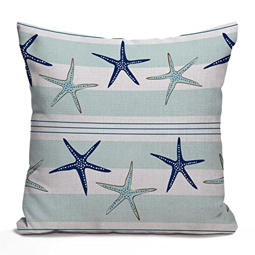 Nphuriy Coastal Navy Blue Pillow Cover, Coastal Starfish Repeat Pattern Navy Turquoise Square 16 x 16 Inches Decorative Throw Pillow Cover Cotton Linen Cushion for Sofa Bedroom Car, Blue