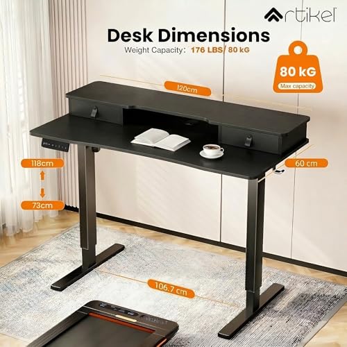 Image of ARTIKEL Valor Lite Electric Height Adjustable Standing Desk with Storage Drawers & Shelves| Sit-Stand Desk for Home Office |Ergonomic Workspace Table|120x60cm|Black