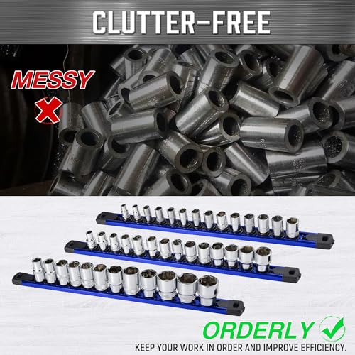 Image of ALOANES Magnetic Socket Organizer Set, 3 /4-Inch Drive Heavy Duty Aluminum Socket Rail Organizer, 3 /4-Inch x 11 Clips (Blue, 1PC)