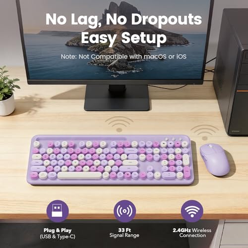 Image of Wireless Keyboard and Mouse Combo, Retro Round Keycaps, Full-Size Stylish Typewriter Keyboard with Large Phone /Tablet Holder, 3-Level DPI Ergonomic Mouse, 2.4GHz Cordless for Windows PC, Lavender Mist