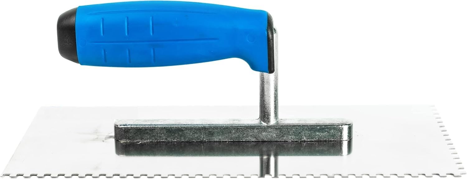 Fliesenkelle aus Edelstahl, gekerbt, 270 mm – 4 x 4 mm, quadratische Kerbe, Klebstoffspachtel mit weichem Griff, für Wand- und Bodenfliesenprojekte, langlebiges und rostbeständiges Werkzeug (N7804)