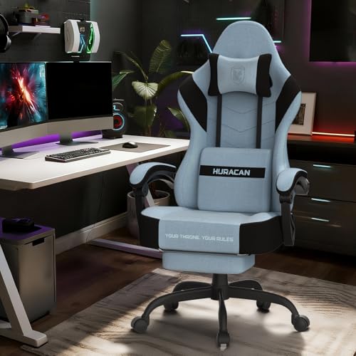 Verdego Silla Gaming, Silla Gamer Ergonómica con Masajeador Cojín Lumbar, Reposapiés Retractable y Reposacabezas, Tela de Poliéster, Reclinable 90-135°, Altura Regulable, Sillas Gaming, Azul Claro